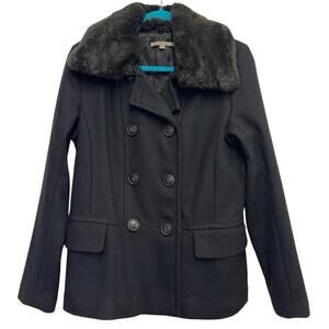 Gap‎ Wool Blend Black Peacoat Faux Fur Collar Small Quilted Lined Coat